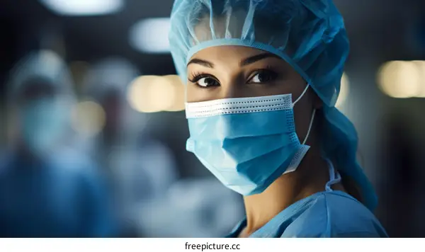 Portrait of a Confident Female Surgeon Wearing a Surgical Mask and Cap