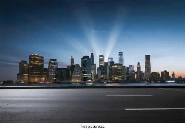 City skyline at dusk with modern buildings and empty road