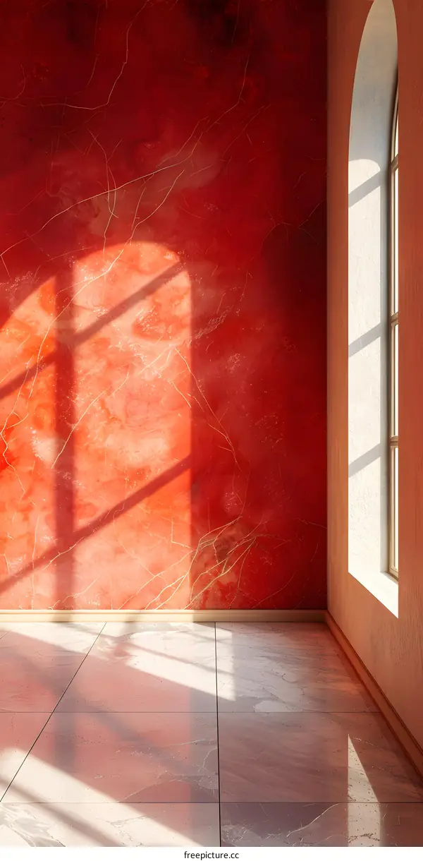 Sunlight shining through arched windows onto red marble floor and walls