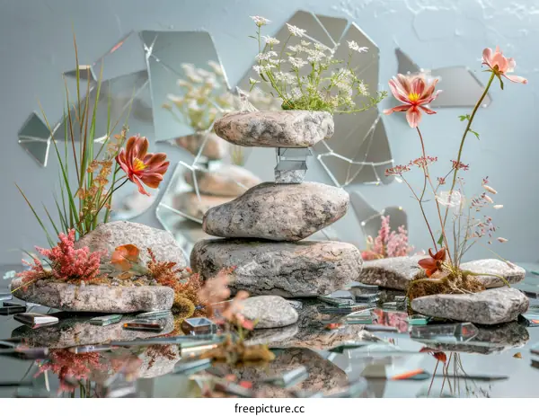 Still life with rocks, flowers, and plants