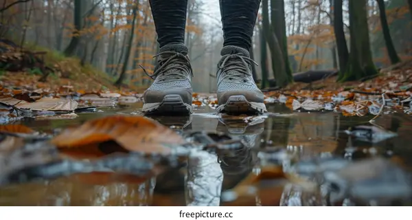 A person wearing black sneakers standing in a puddle of water in the woods
