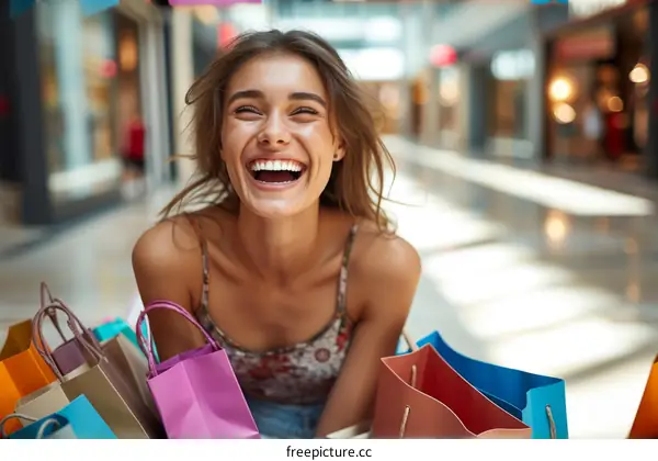 Happy young woman with shopping bags in mall