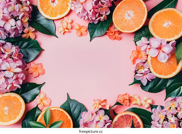 Pink Floral and Citrus Fruit Arrangement On A Pink Background