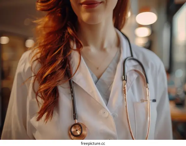Close-up of a confident female doctor wearing a white coat and stethoscope
