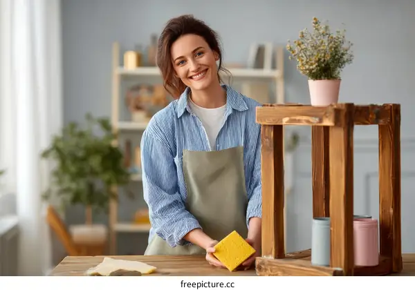 Woman Smiling Holds a Cleaning Sponge on Wooden Display