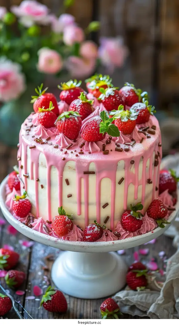 Delicious Strawberry Cake with Pink Drizzle and Chocolate Sprinkles