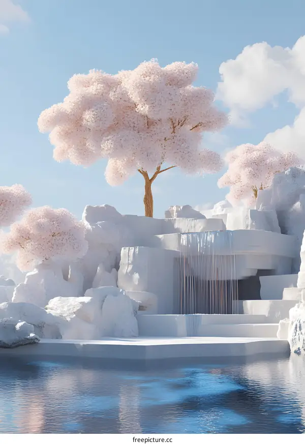 White Landscape With Pink Trees And Waterfall
