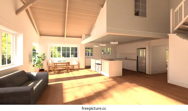 Modern Kitchen and Living Room Design with Large Windows and Wooden Beams