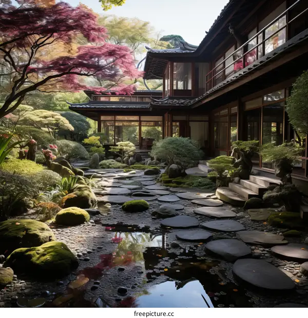 Japanese garden with a traditional house