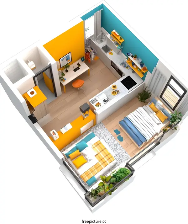 Modern Tiny Studio Apartment Design Floor Plan with Balcony