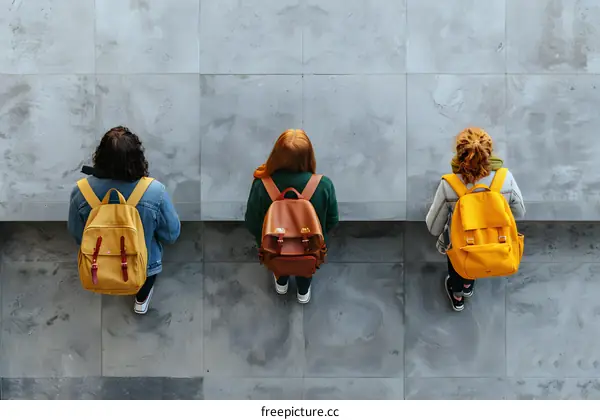 Three Friends With Backpacks Sitting On A Bench