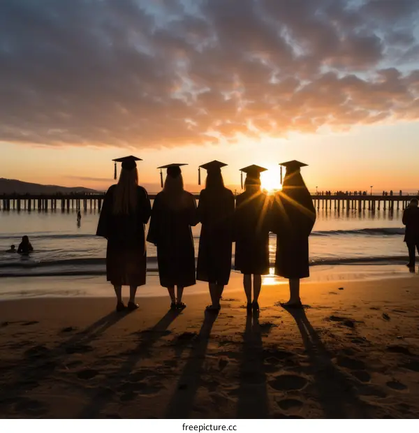 Four female graduates in caps and gowns standing on beach at sunset