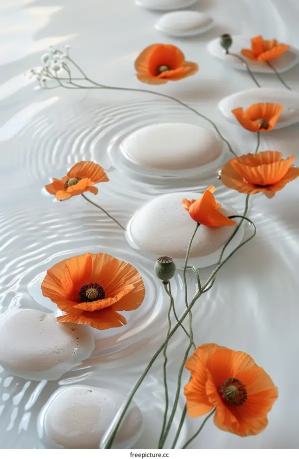 Orange Poppy Flowers in Calm Tranquil Water
