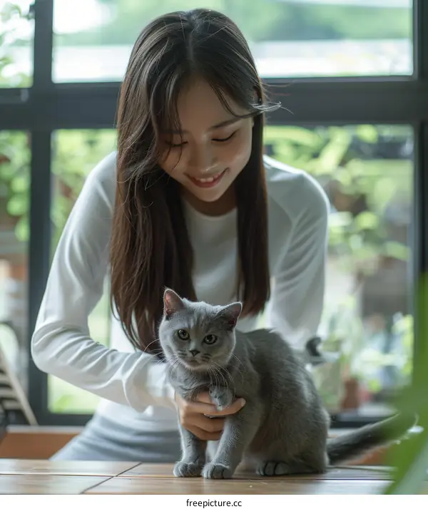 A young woman is sitting at a table and holding a gray cat