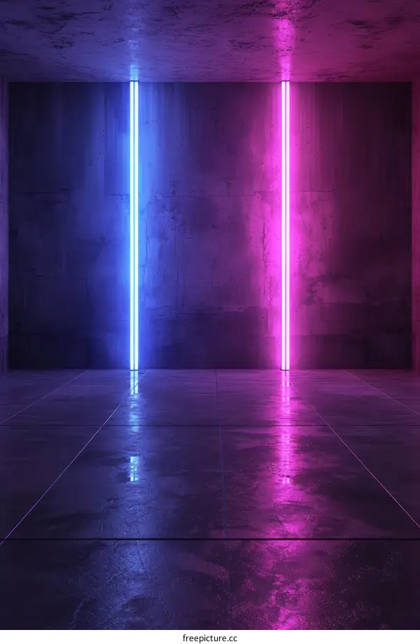 Glowing Purple and Blue Neon Lights in Dark Room