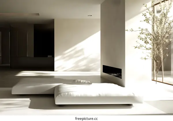 Minimalist Living Room Interior Design with White Sofa and Fireplace