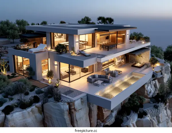 Modern Luxury Cliffside Villa at Dusk