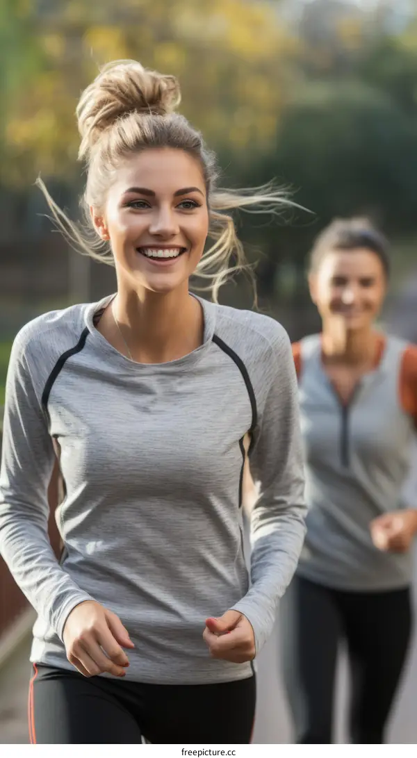 Two young women jogging in a park