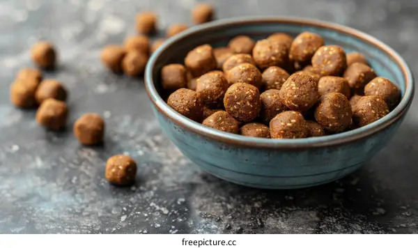 Close-up of a bowl of brown round pet food