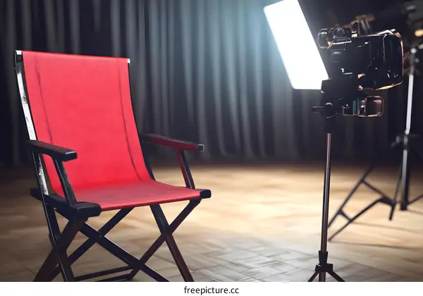 Red Directors Chair and Camera Setup on Stage