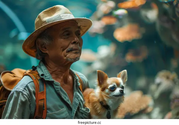 An old man and his dog looking at fishes in an aquarium