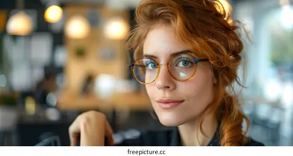 portrait of a young woman with red curly hair and glasses