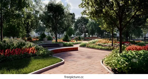 Landscaped Park with Brick Pathway and Flower Beds