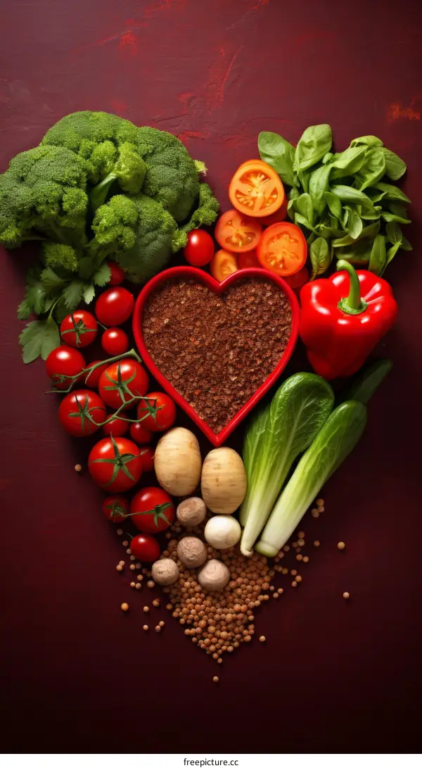 A variety of vegetables are arranged in the shape of a heart on a red background.