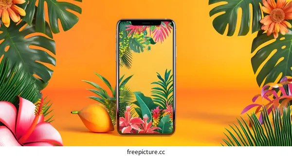 Tropical Leaves and Flowers on Phone Screen