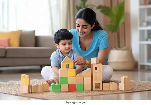 Mother and Son Playing with Wooden Building Blocks at Home