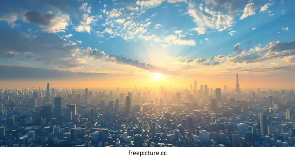 City Skyline with Sunset and Blue Sky