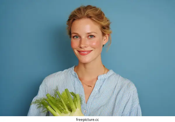 Woman holding fresh fennel, studio portrait