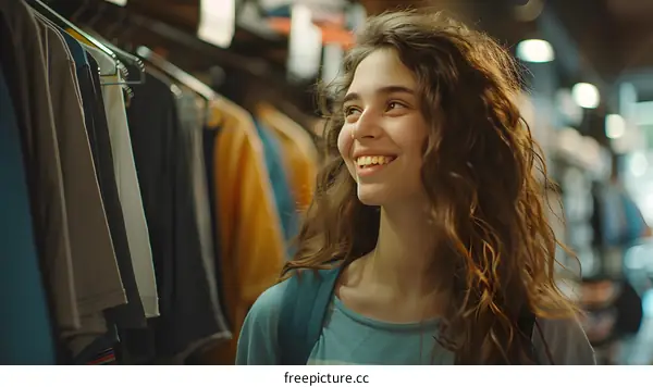 Smiling Woman Looking At Clothes In Store