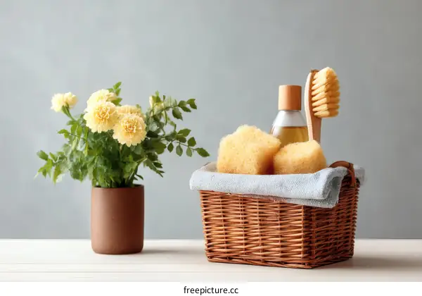 Natural Cleaning Supplies in a Wicker Basket