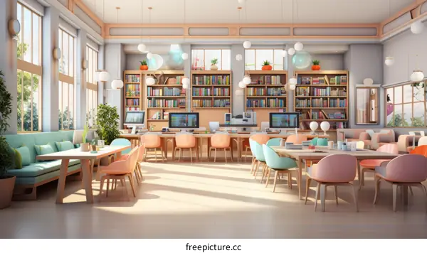 Pastel Color Library Interior Design with Large Windows and Bookshelves
