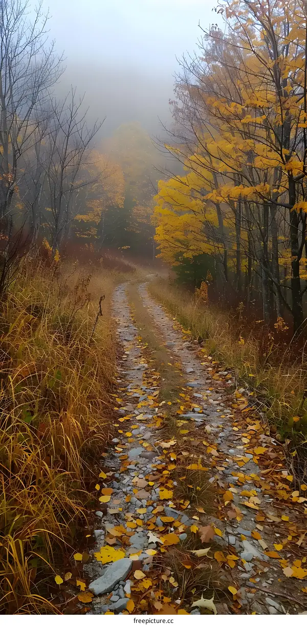 A winding road through a forest with yellow fall leaves and a slight fog