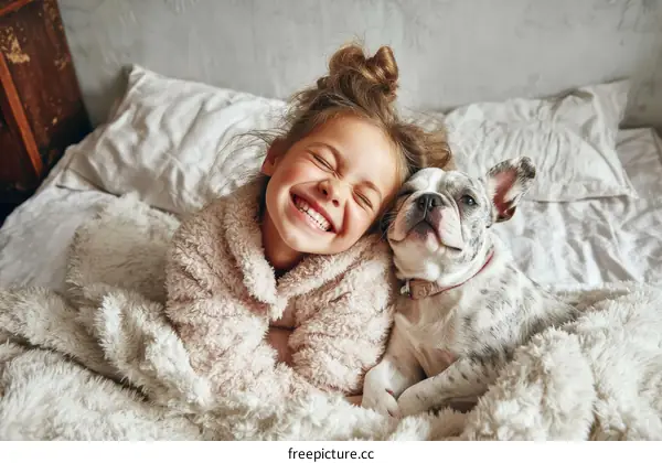 Adorable Girl and Dog Relaxing on a Bed