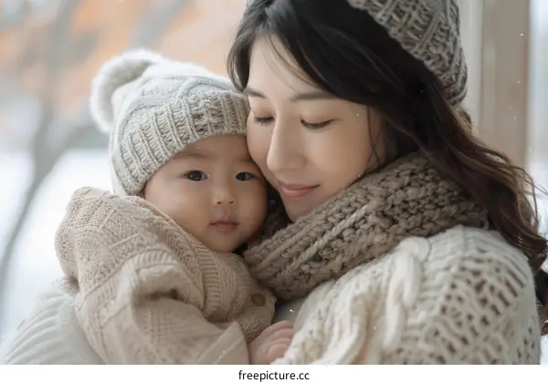 A mother and her baby are wearing winter clothes and smiling at each other.
