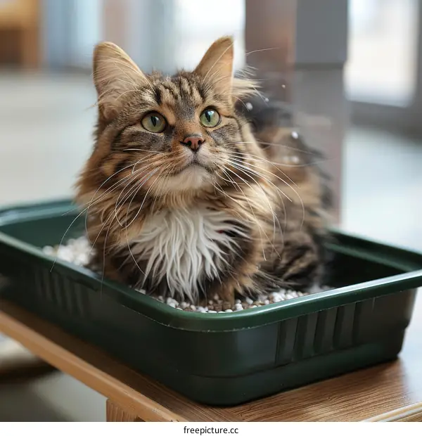 A cute cat sitting in a litter box
