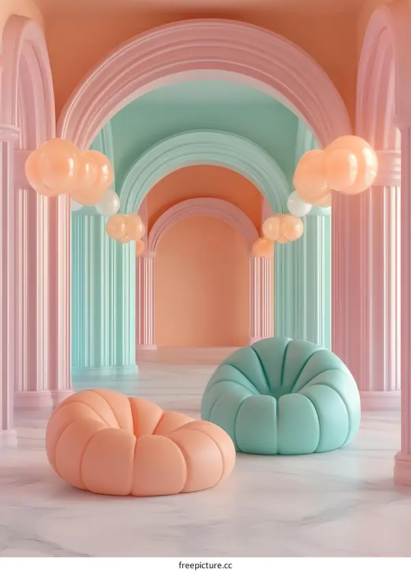 Pastel Pink and Green Archway with Balloons and Chairs