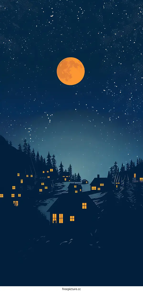 Night Sky With Full Moon and Houses