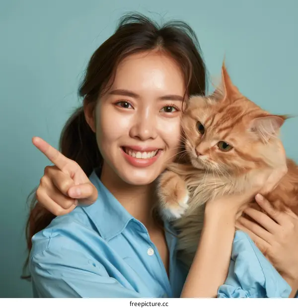 Asian woman hugging an orange cat