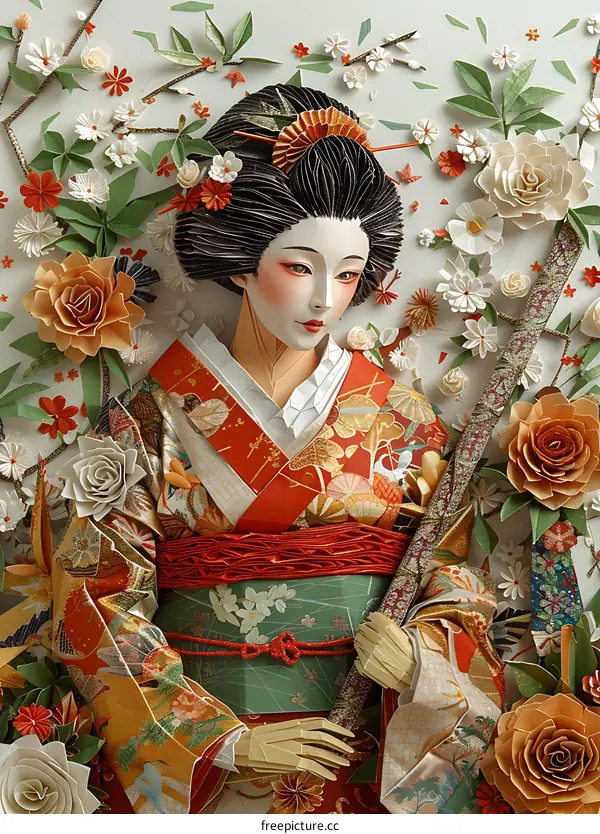 Paper Art of Geisha in Japanese Traditional Clothing Surrounded by Flowers
