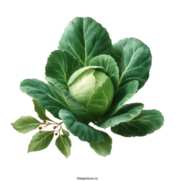 [Transparent Background PNG]Botanical Illustration of Fresh Cabbage Head