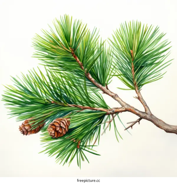 Watercolor Pine Branch with Cones