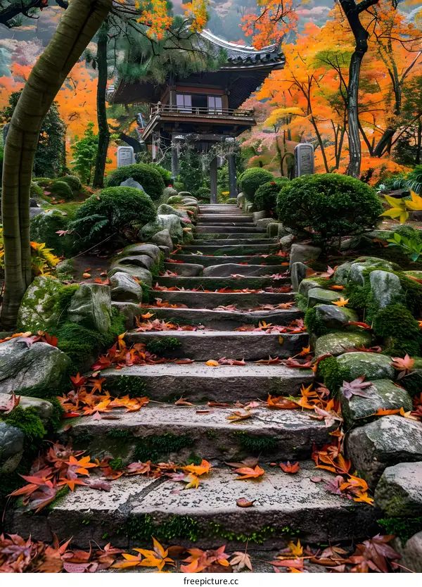 japanese temple surrounded by trees with red and yellow leaves