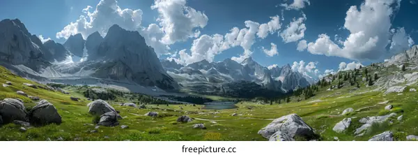 mountain valley landscape with rocks and clouds
