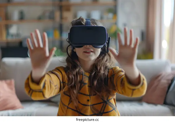 Little girl using virtual reality headset at home