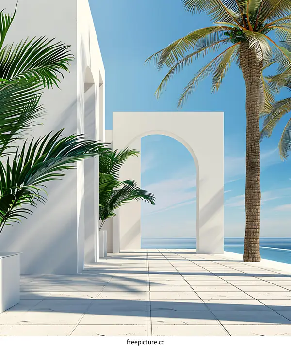 Minimalist White Architecture With Palm Trees And Ocean View