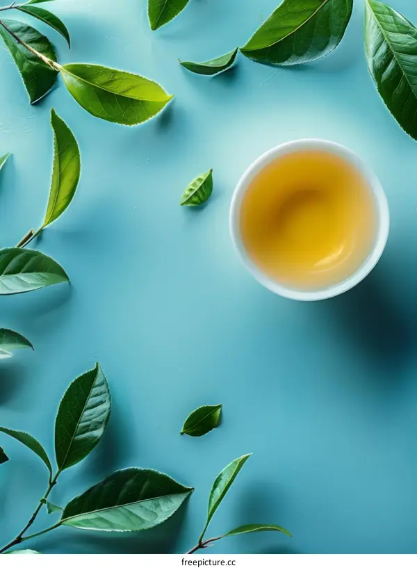 Green tea leaves and cup of tea on blue background